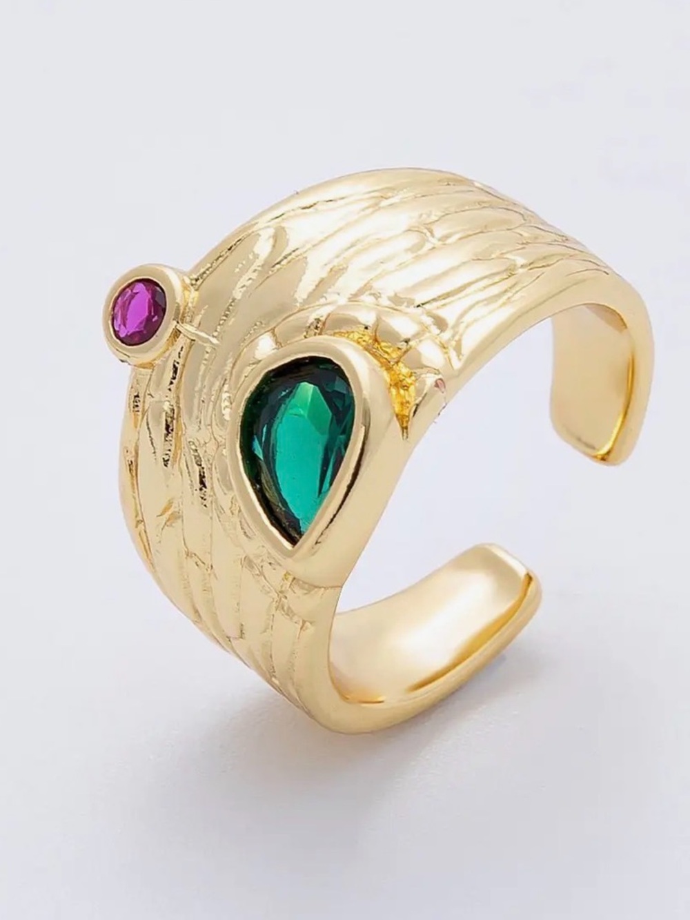 16K Gold Filled Green Fuchsia Cz
Textured Wide Band Ring